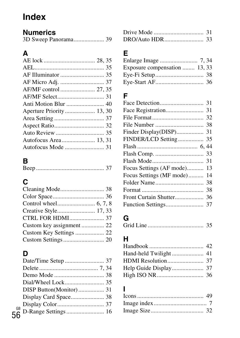 Index, 56 index | Sony NEX-7 User Manual | Page 56 / 64