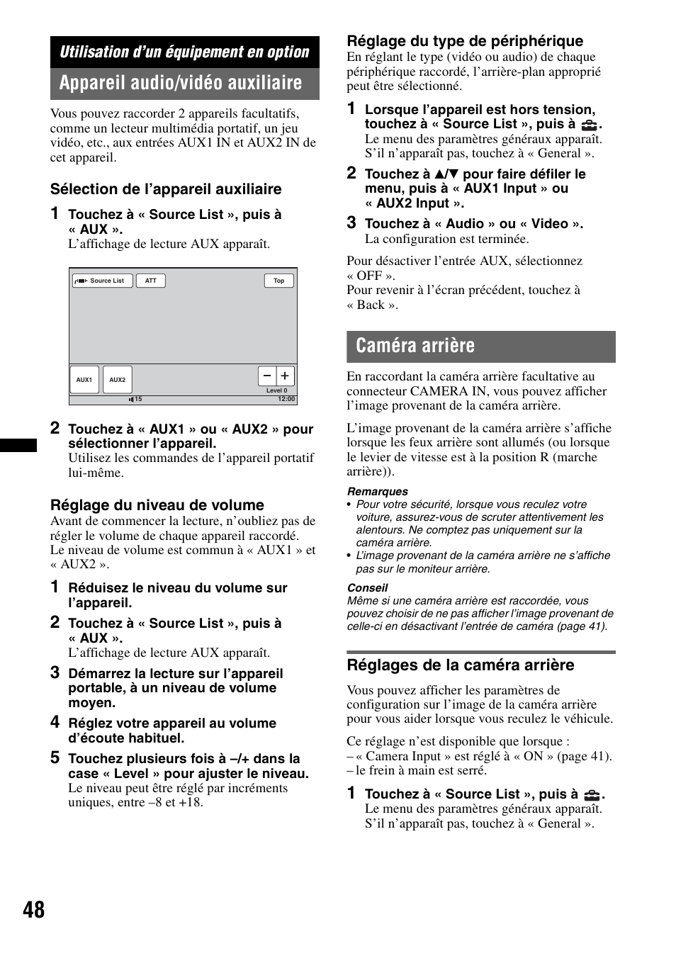 Utilisation d’un équipement en option, Appareil audio/vidéo auxiliaire, Caméra arrière | Réglages de la caméra arrière | Sony XAV-60 User Manual | Page 106 / 180