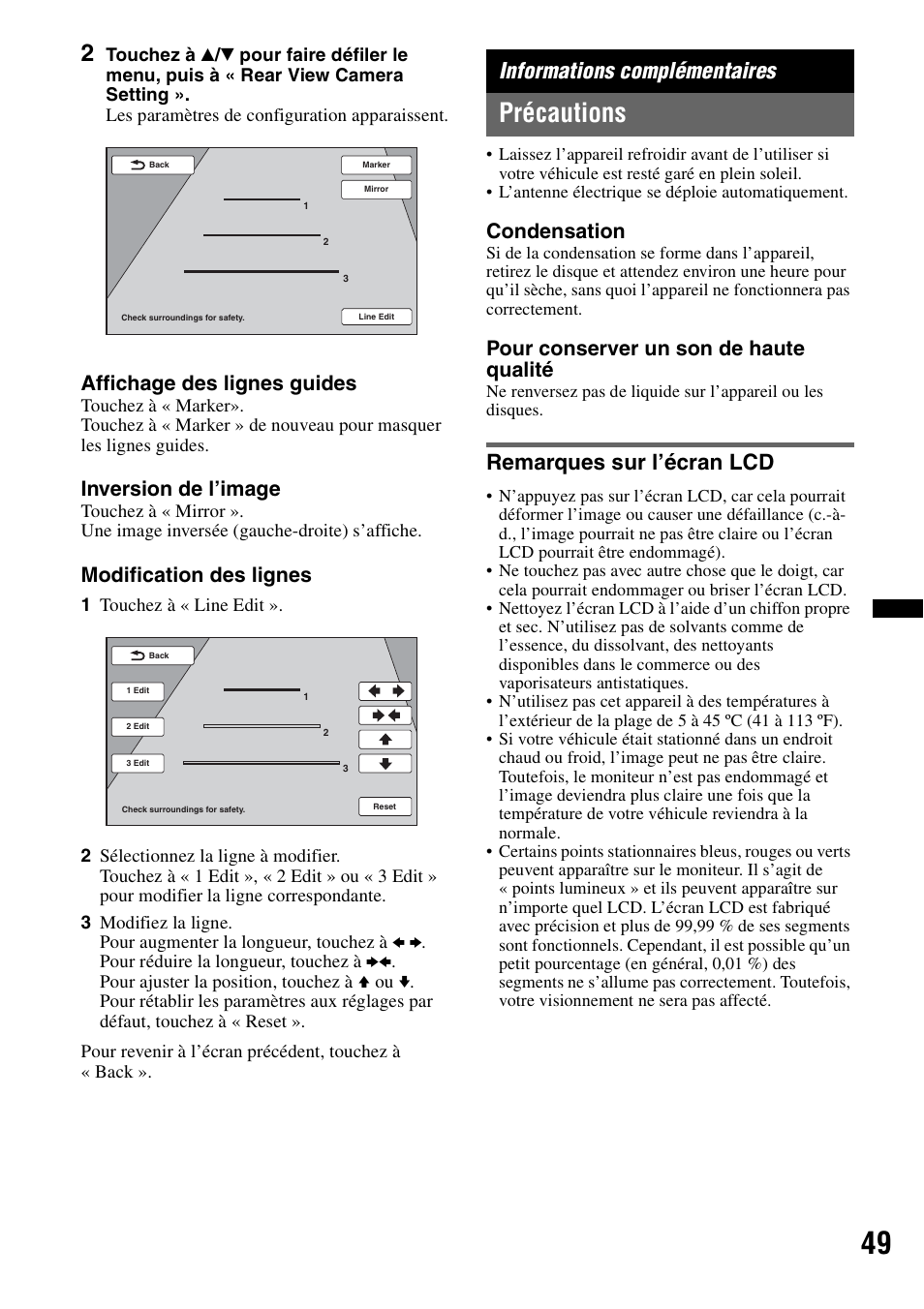 Informations complémentaires, Précautions, Remarques sur l’écran lcd | Affichage des lignes guides, Inversion de l’image, Modification des lignes, Condensation, Pour conserver un son de haute qualité | Sony XAV-60 User Manual | Page 107 / 180