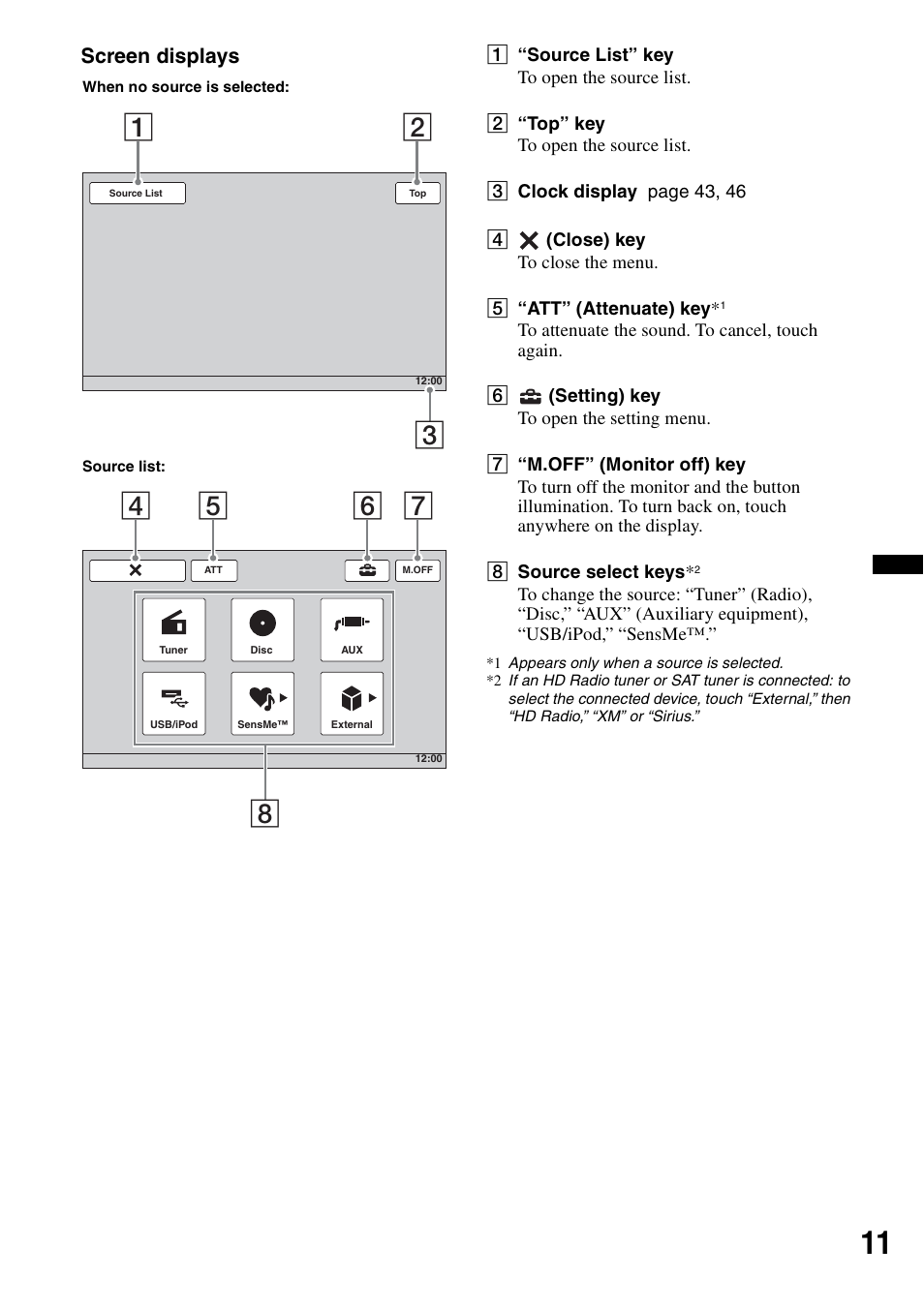 Screen displays | Sony XAV-60 User Manual | Page 11 / 180
