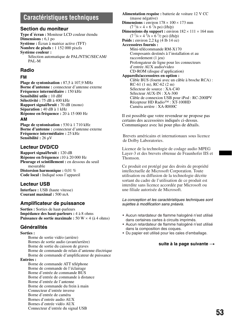 Caractéristiques techniques, Radio, Lecteur dvd/cd | Lecteur usb, Amplificateur de puissance, Généralités | Sony XAV-60 User Manual | Page 111 / 180