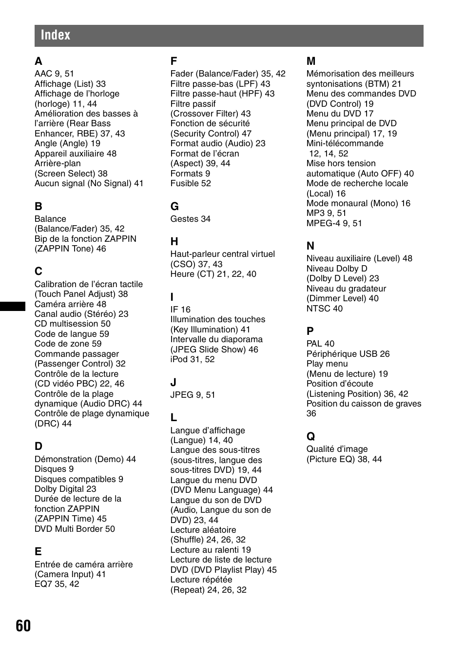 Index | Sony XAV-60 User Manual | Page 118 / 180