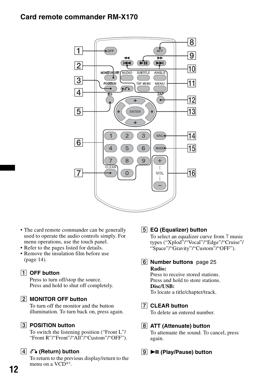 Card remote commander rm-x170 | Sony XAV-60 User Manual | Page 12 / 180