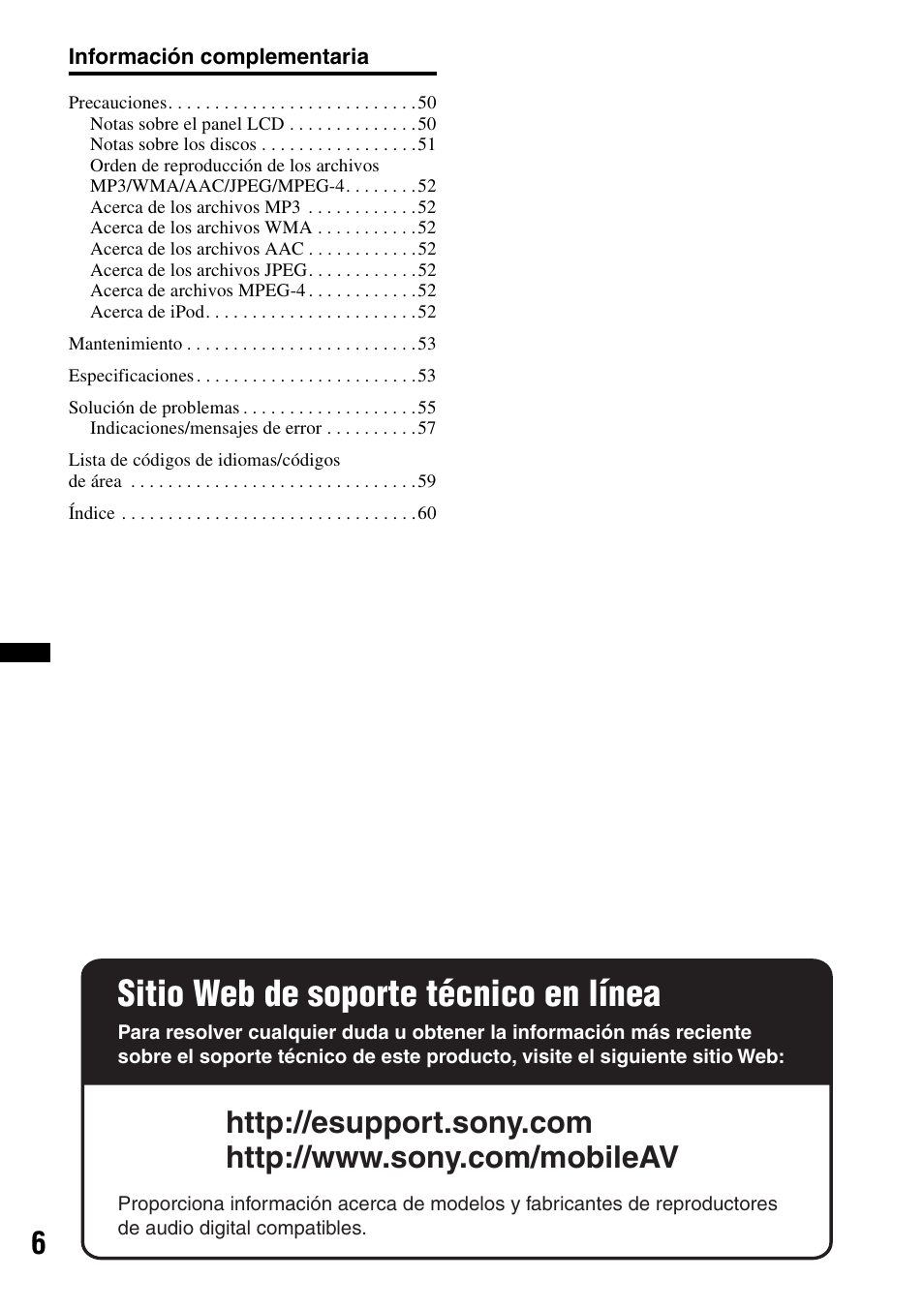 Sitio web de soporte técnico en línea | Sony XAV-60 User Manual | Page 124 / 180