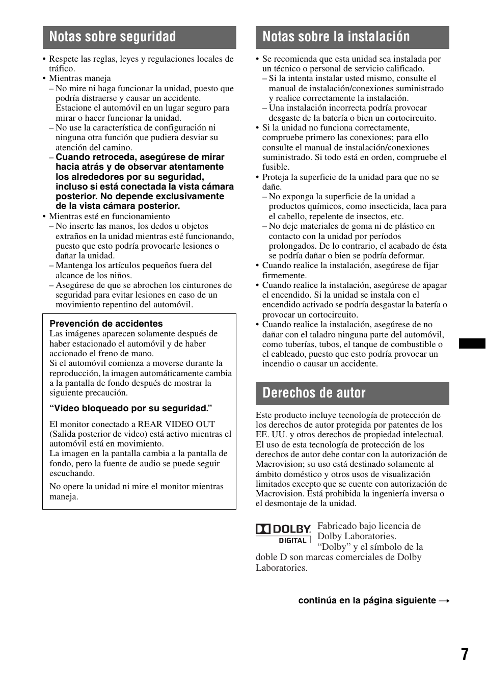 Notas sobre seguridad, Notas sobre la instalación, Derechos de autor | Sony XAV-60 User Manual | Page 125 / 180