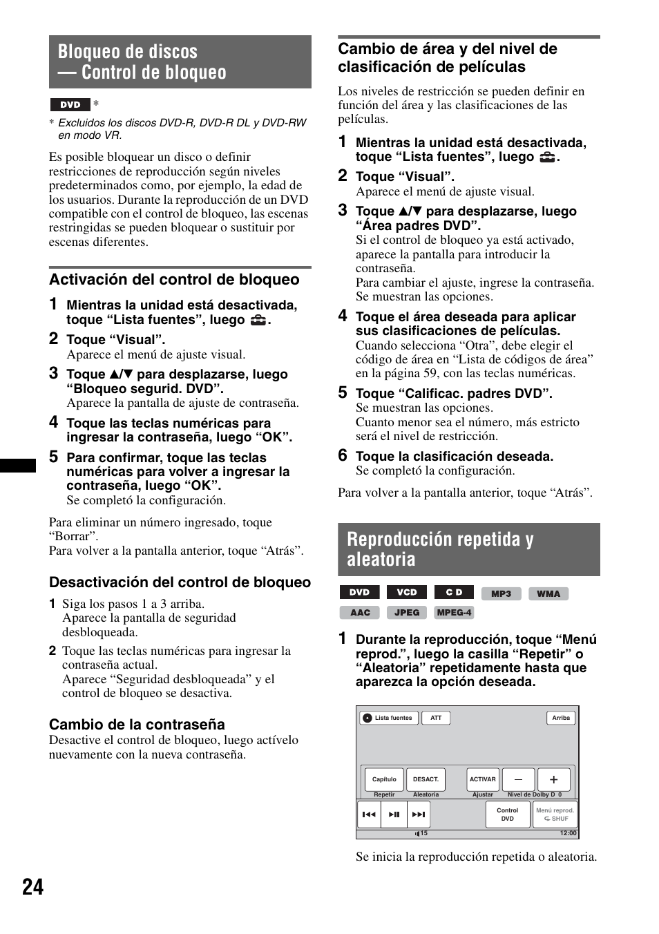 Bloqueo de discos - control de bloqueo, Activación del control de bloqueo, Reproducción repetida y aleatoria | Bloqueo de discos — control de bloqueo | Sony XAV-60 User Manual | Page 142 / 180