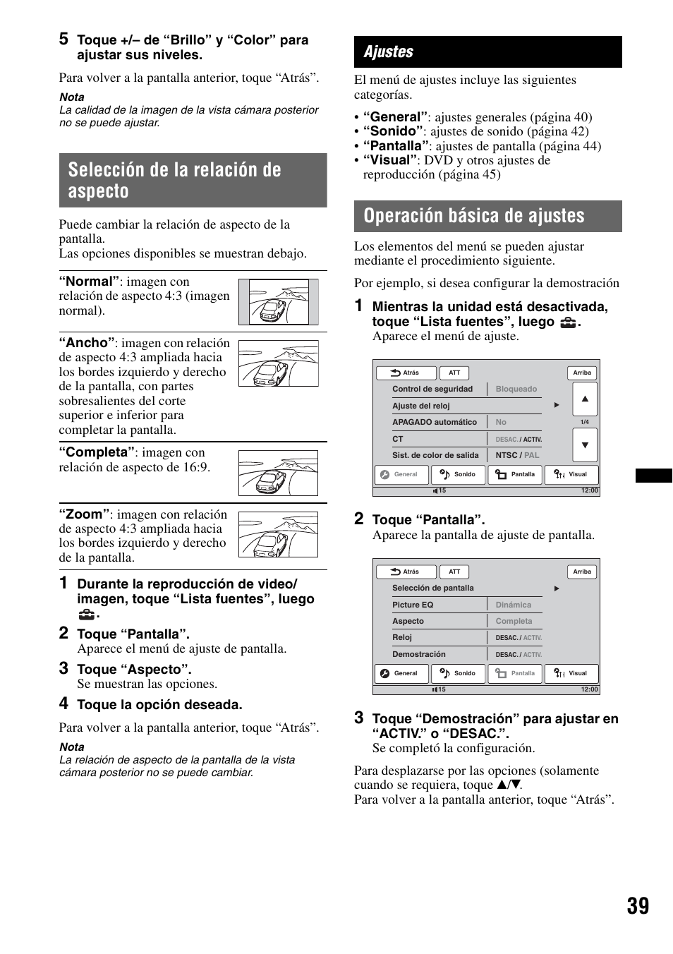 Selección de la relación de aspecto, Ajustes, Operación básica de ajustes | Toque “aspecto”. se muestran las opciones | Sony XAV-60 User Manual | Page 157 / 180