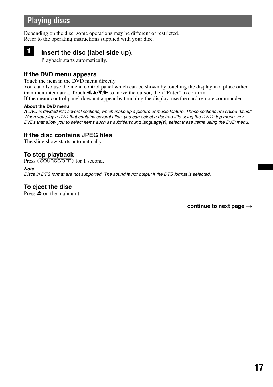 Playing discs | Sony XAV-60 User Manual | Page 17 / 180