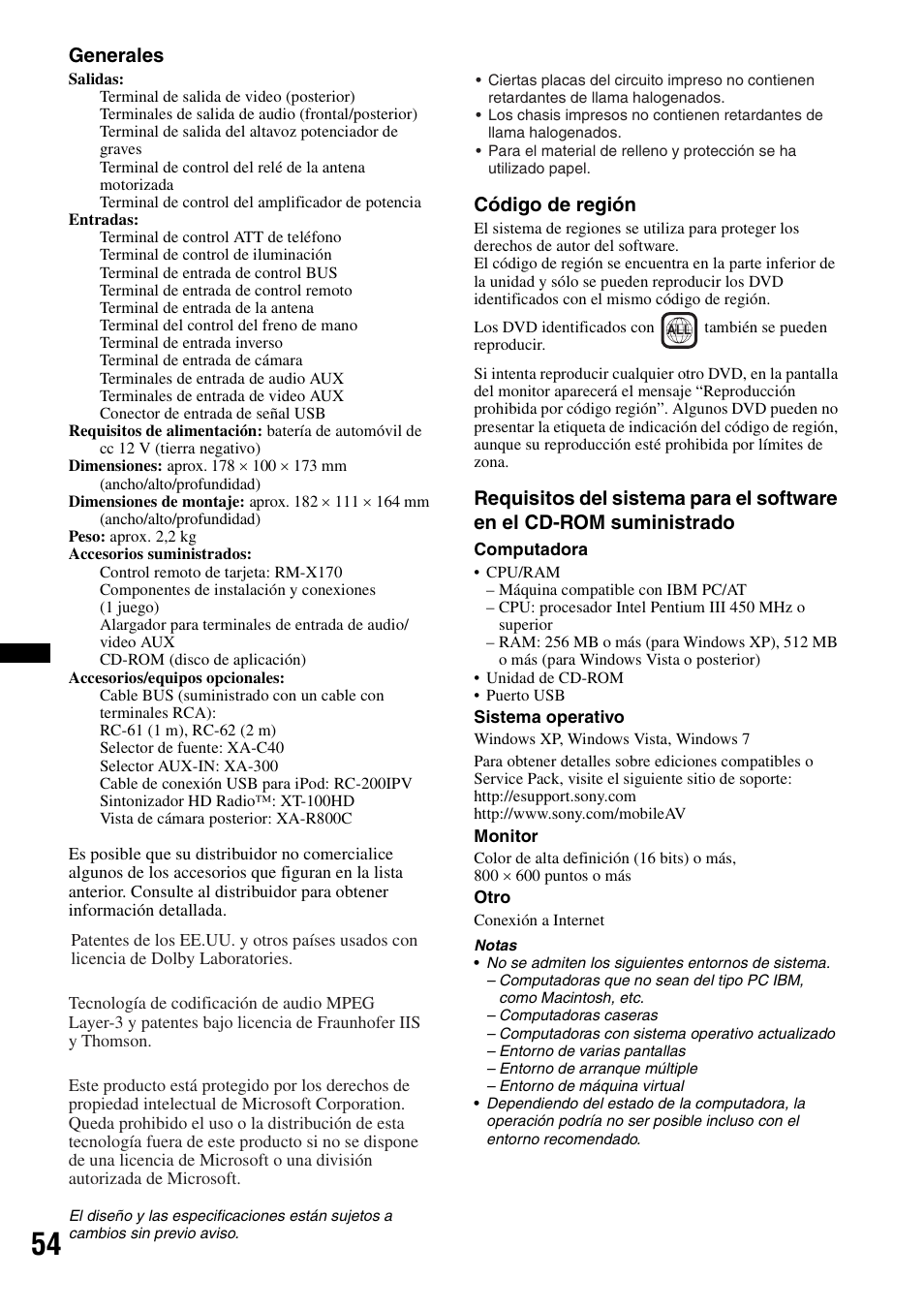 Generales, Código de región | Sony XAV-60 User Manual | Page 172 / 180