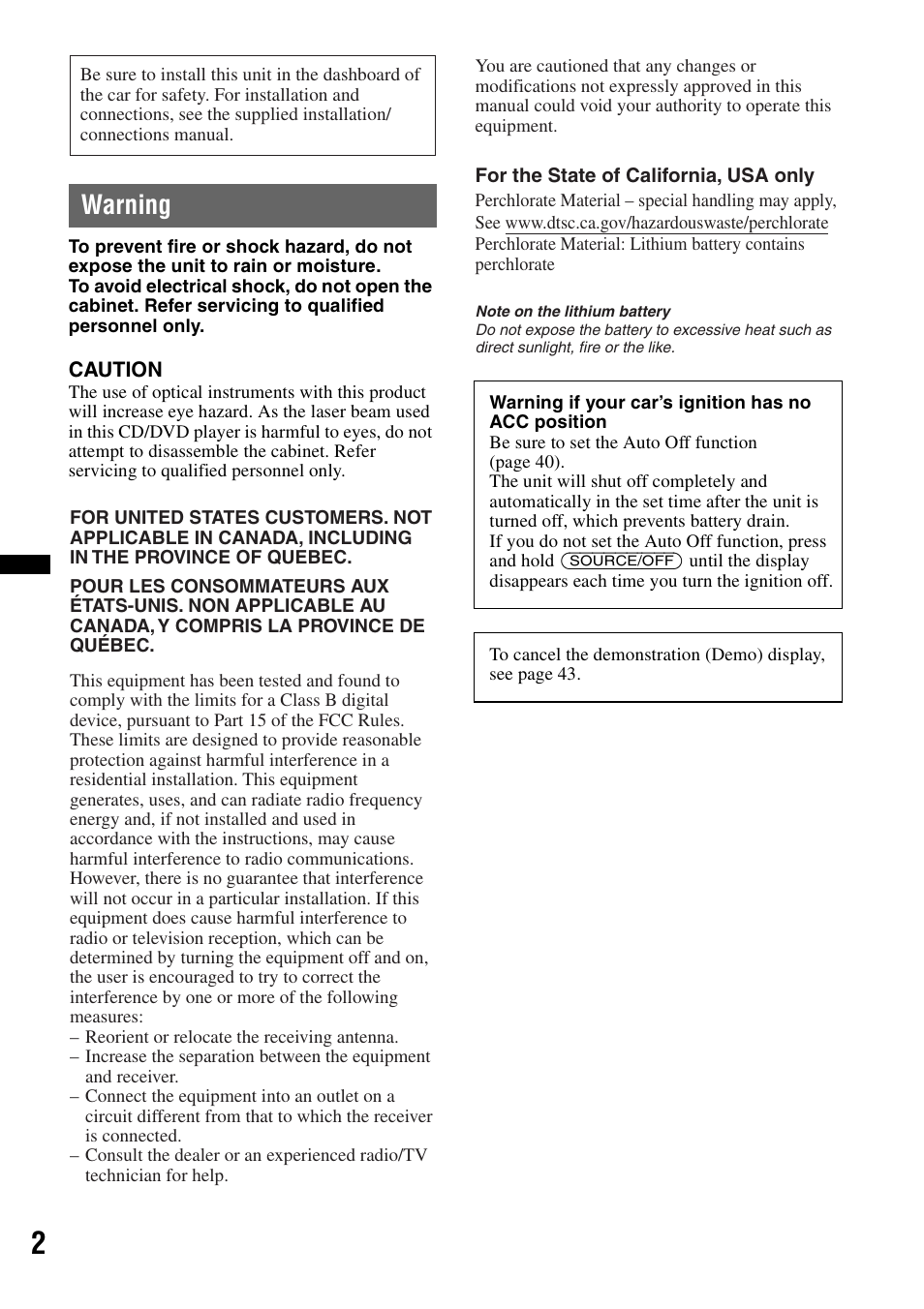 Warning | Sony XAV-60 User Manual | Page 2 / 180
