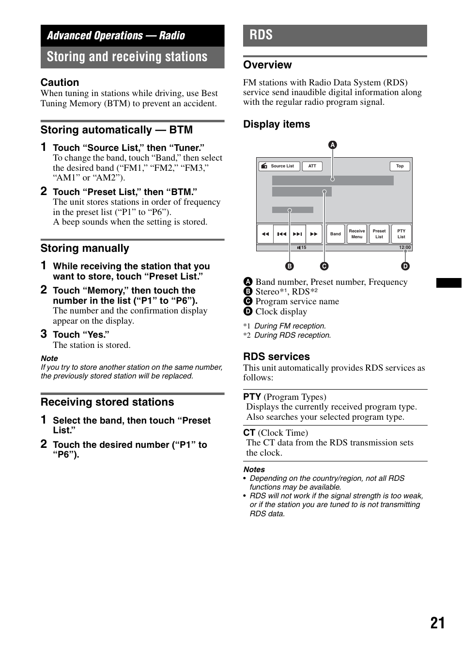 Advanced operations - radio, Storing and receiving stations, Storing automatically - btm | Storing manually, Receiving stored stations, Overview, Advanced operations — radio, Storing automatically — btm | Sony XAV-60 User Manual | Page 21 / 180