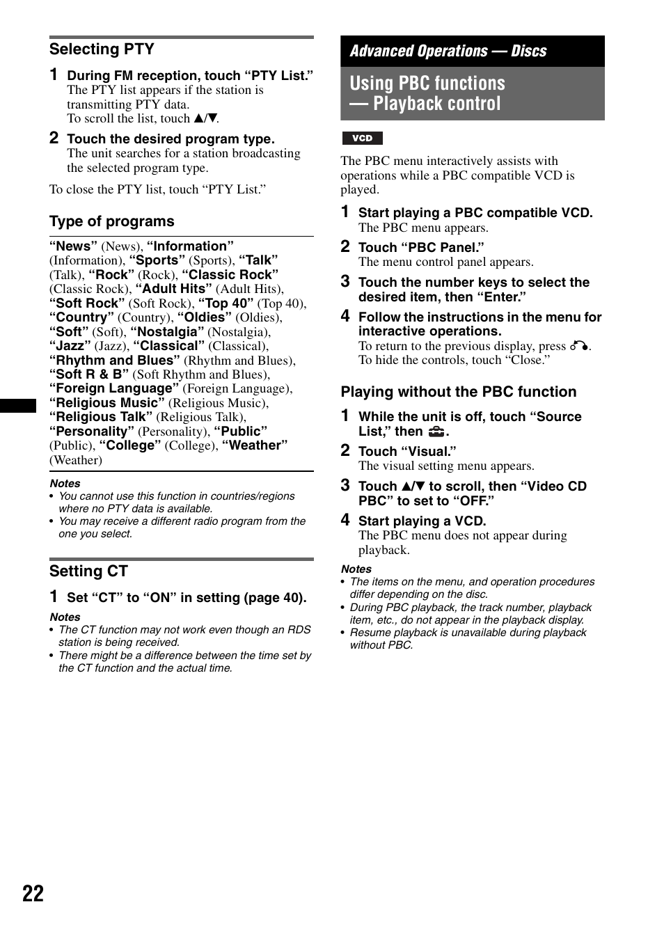 Selecting pty, Setting ct, Advanced operations - discs | Using pbc functions - playback control, Selecting pty setting ct, Advanced operations — discs, Using pbc functions — playback control | Sony XAV-60 User Manual | Page 22 / 180