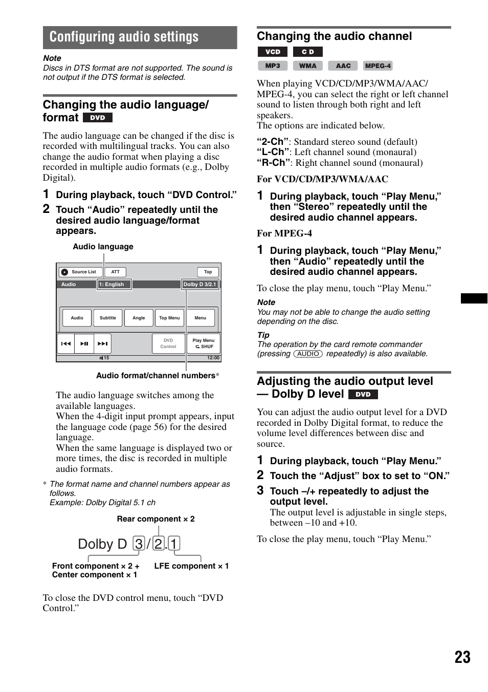 Configuring audio settings, Changing the audio language/ format, Changing the audio channel | Adjusting the audio output level - dolby d level, Dolby d 3 / 2, Adjusting the audio output level — dolby d level | Sony XAV-60 User Manual | Page 23 / 180