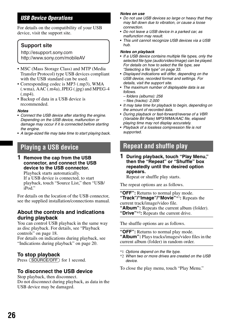 Usb device operations, Playing a usb device, Repeat and shuffle play | Sony XAV-60 User Manual | Page 26 / 180