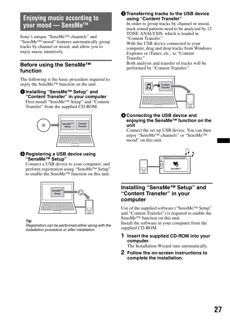 Enjoying music according to your mood - sensme, Before using the sensme™ function, Enjoying music according to your mood — sensme | Sony XAV-60 User Manual | Page 27 / 180