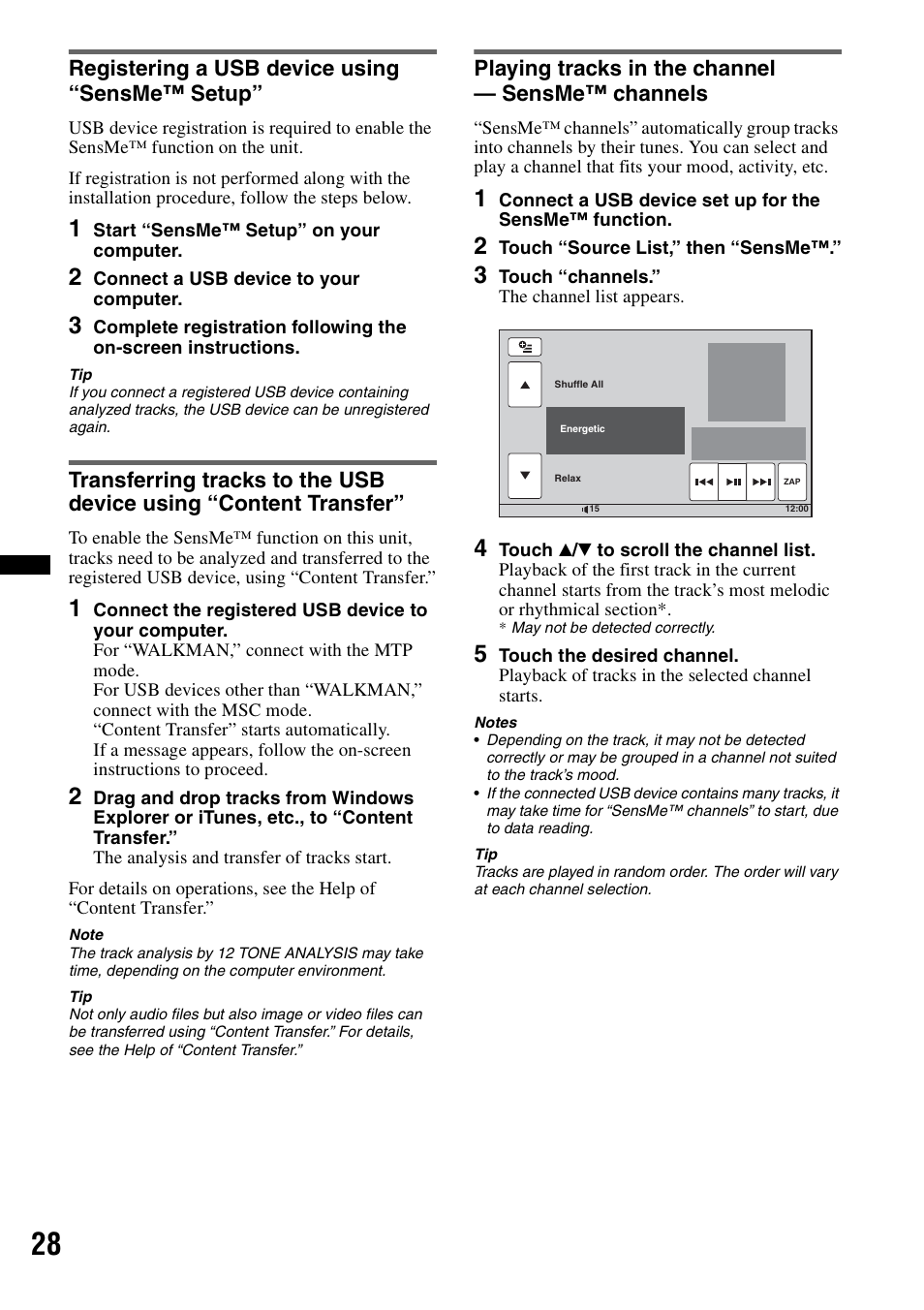 Registering a usb device using “sensme™ setup, Playing tracks in the channel - sensme™ channels, Playing tracks in the channel — sensme™ channels | Sony XAV-60 User Manual | Page 28 / 180