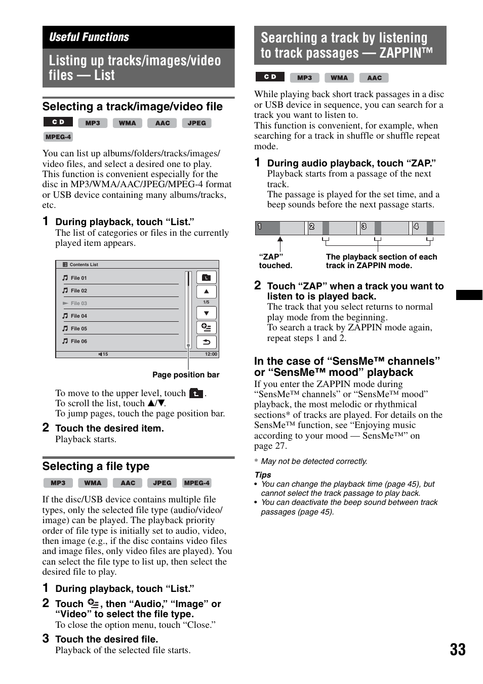 Useful functions, Listing up tracks/images/video files - list, Selecting a track/image/video file | Selecting a file type, Listing up tracks/images/video files — list | Sony XAV-60 User Manual | Page 33 / 180