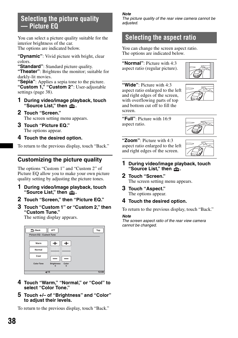 Selecting the picture quality - picture eq, Customizing the picture quality, Selecting the aspect ratio | Selecting the picture quality — picture eq | Sony XAV-60 User Manual | Page 38 / 180