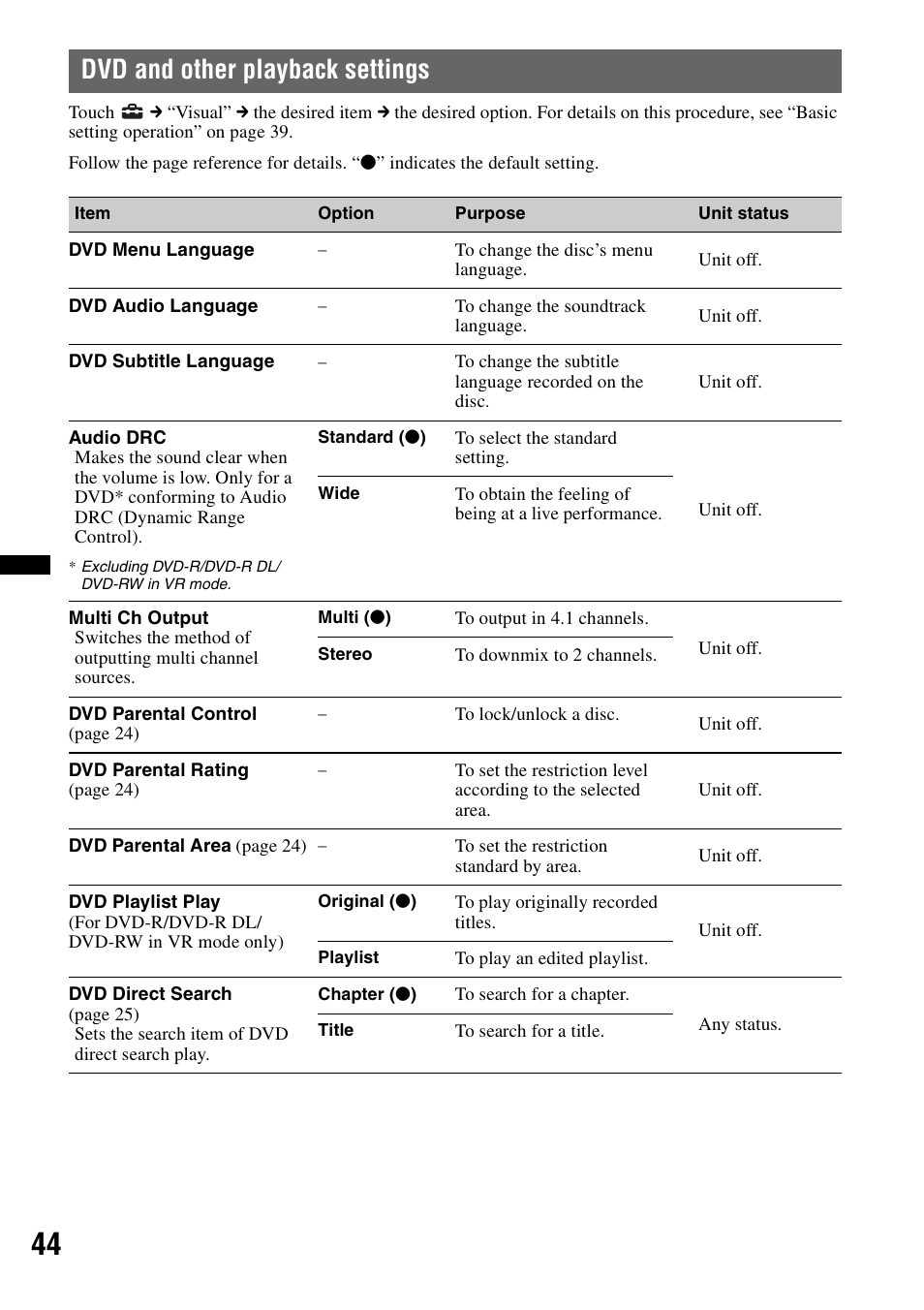 Dvd and other playback settings | Sony XAV-60 User Manual | Page 44 / 180