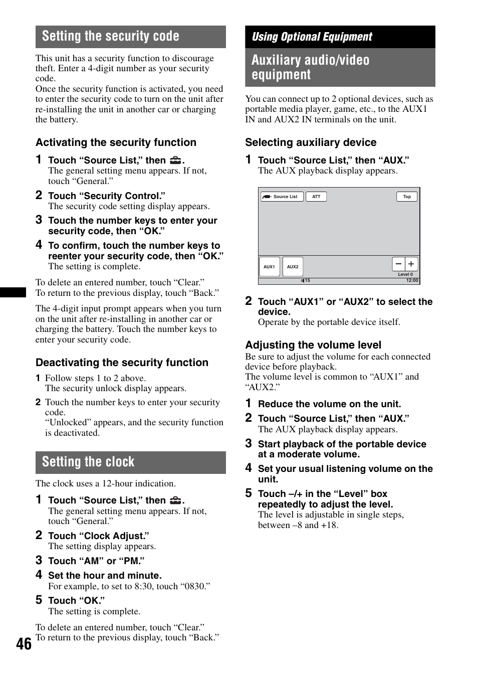 Setting the security code, Setting the clock, Using optional equipment | Auxiliary audio/video equipment | Sony XAV-60 User Manual | Page 46 / 180