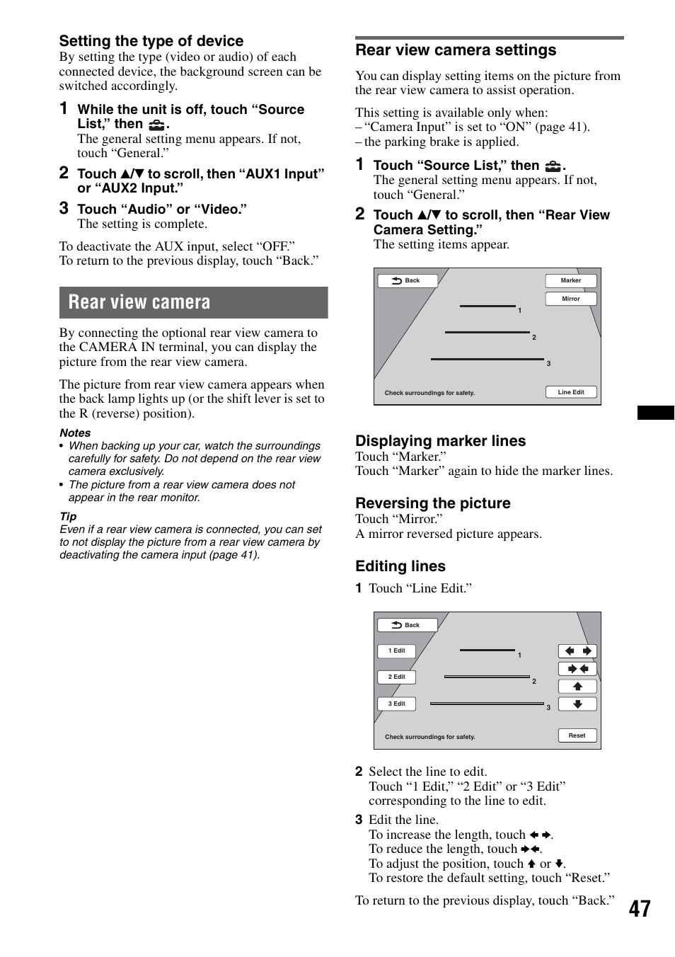 Rear view camera, Rear view camera settings, Setting the type of device | Displaying marker lines, Reversing the picture, Editing lines | Sony XAV-60 User Manual | Page 47 / 180