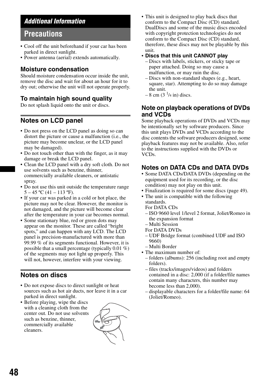 Additional information, Precautions, Notes on lcd panel | Notes on discs, Notes on lcd panel notes on discs | Sony XAV-60 User Manual | Page 48 / 180