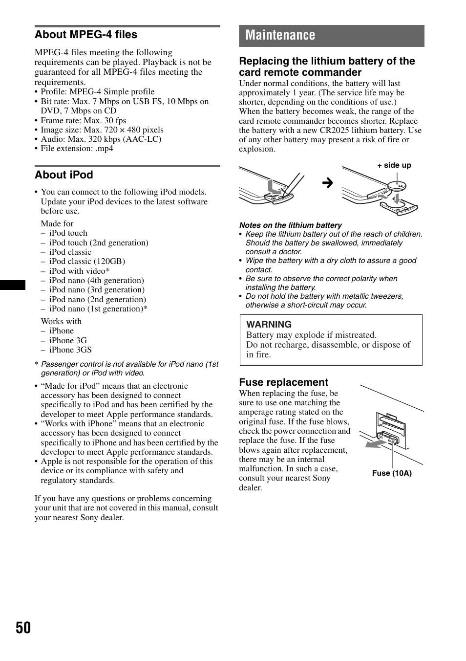 About mpeg-4 files, About ipod, Maintenance | About mpeg-4 files about ipod | Sony XAV-60 User Manual | Page 50 / 180