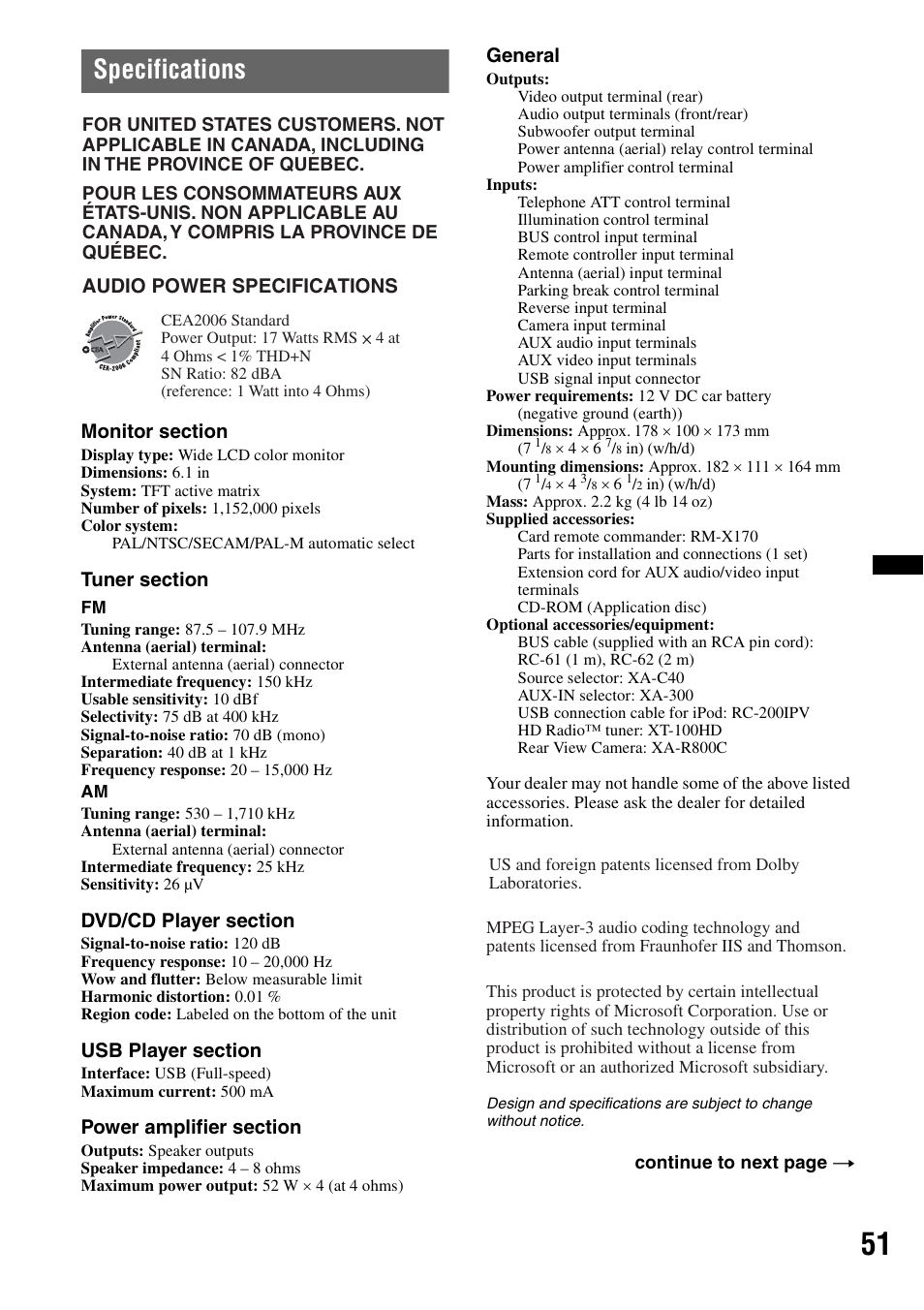 Specifications | Sony XAV-60 User Manual | Page 51 / 180