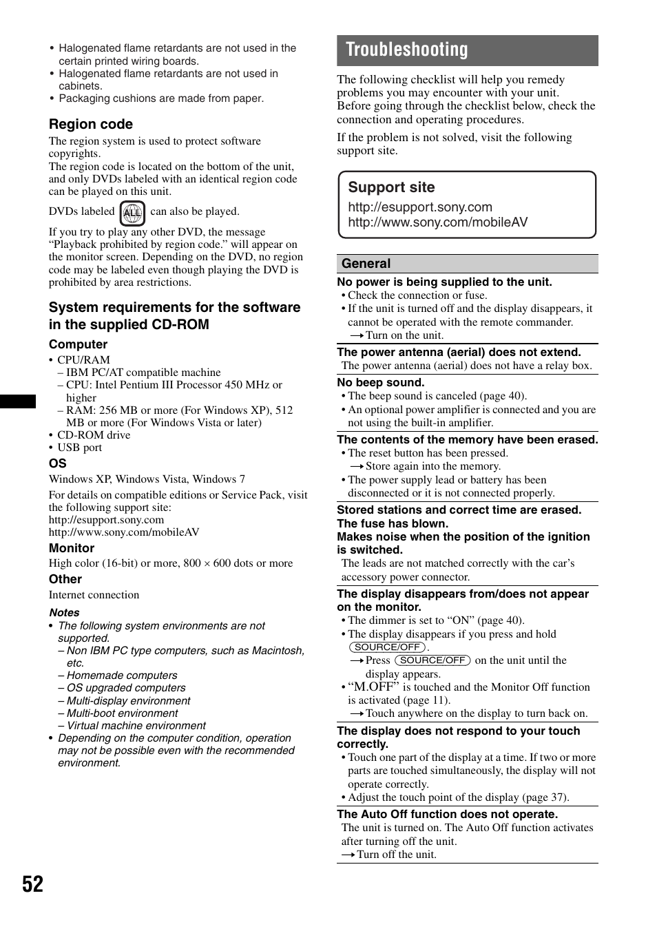 Troubleshooting, Support site | Sony XAV-60 User Manual | Page 52 / 180