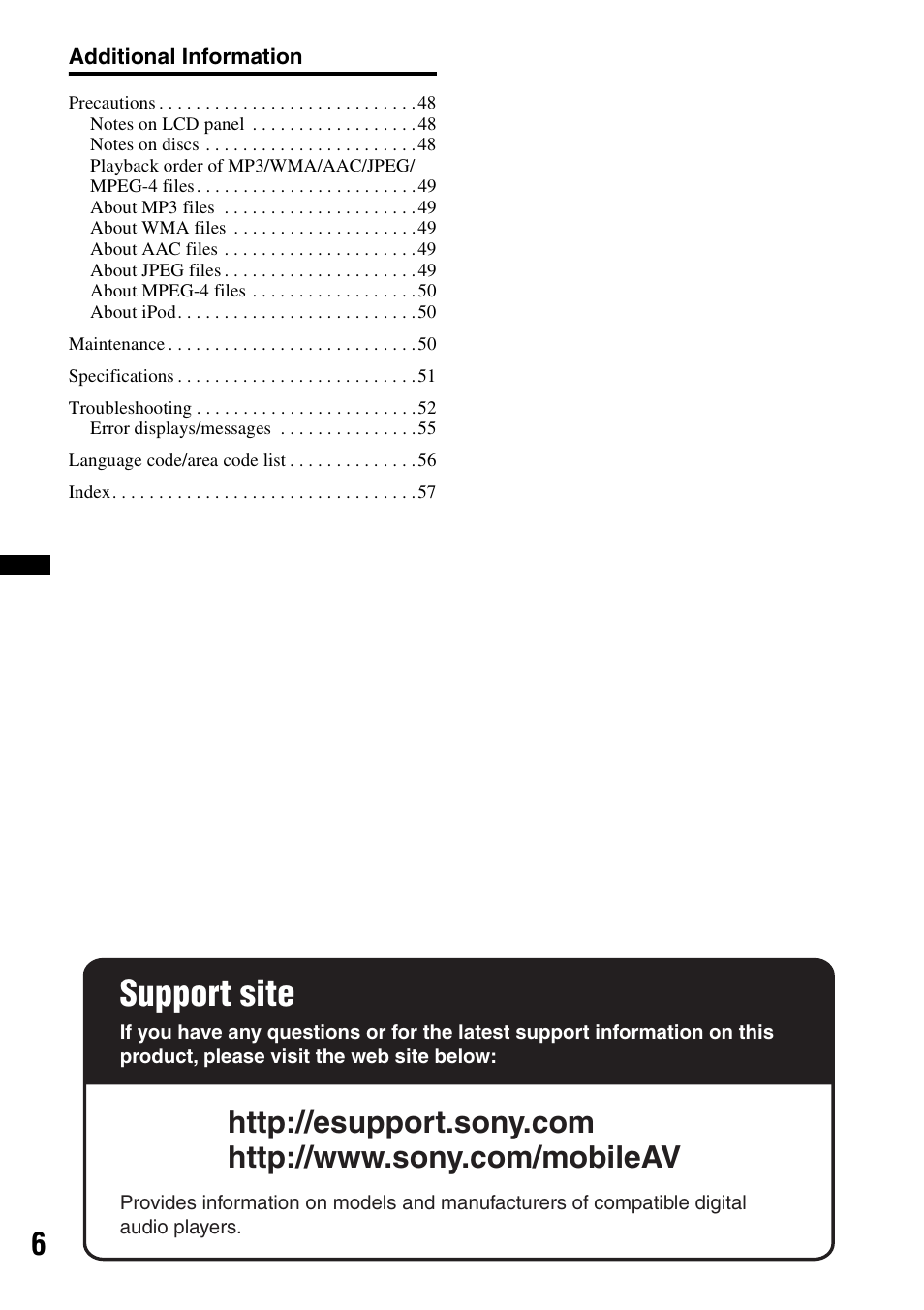 Support site | Sony XAV-60 User Manual | Page 6 / 180