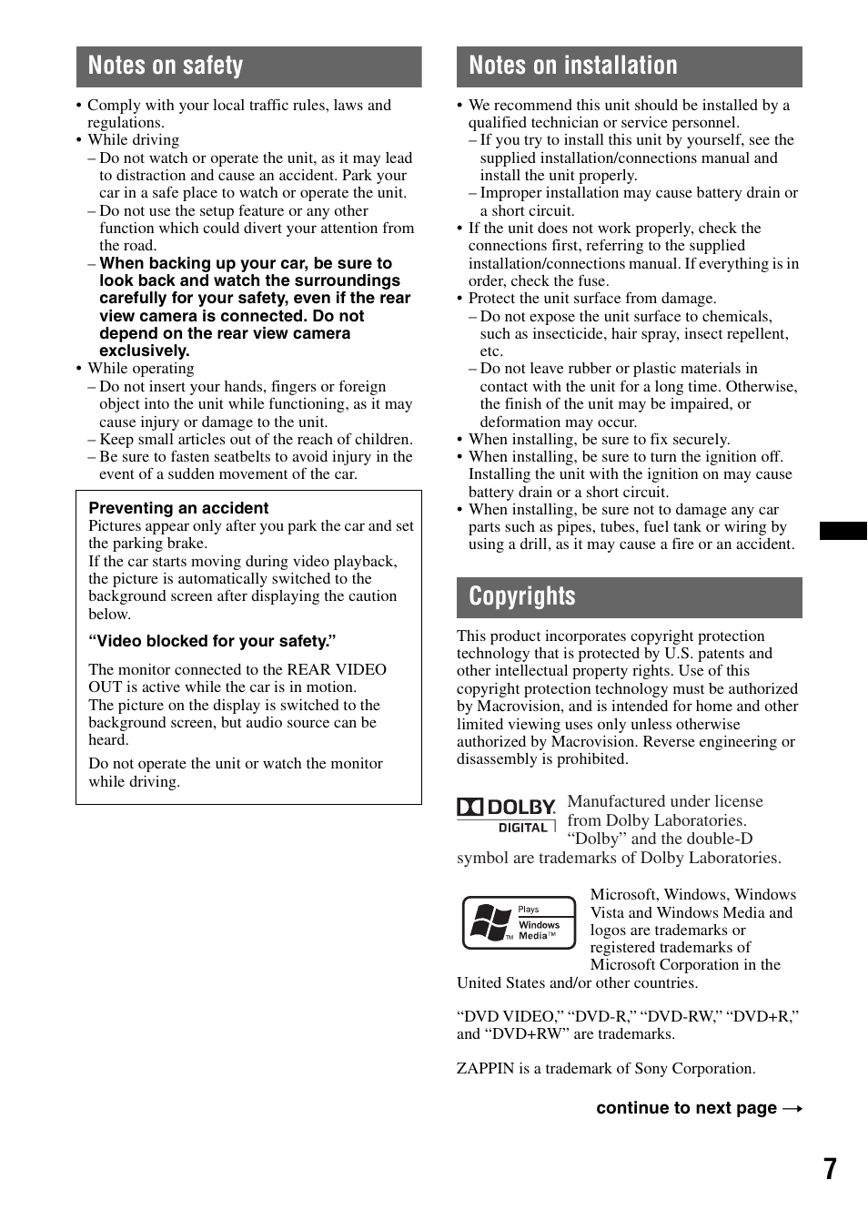 Notes on safety, Notes on installation, Copyrights | Sony XAV-60 User Manual | Page 7 / 180