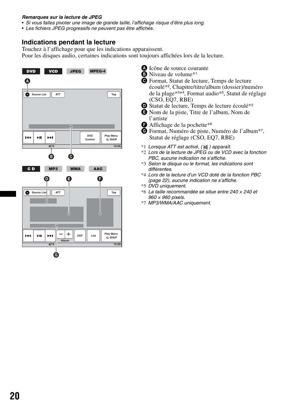 Indications pendant la lecture, Chapitre/titre/album (dossier)/numéro de la plage, Format audio | Gformat, numéro de piste, numéro de l’album, Statut de réglage (cso, eq7, rbe), Bc a, Gd e f | Sony XAV-60 User Manual | Page 78 / 180