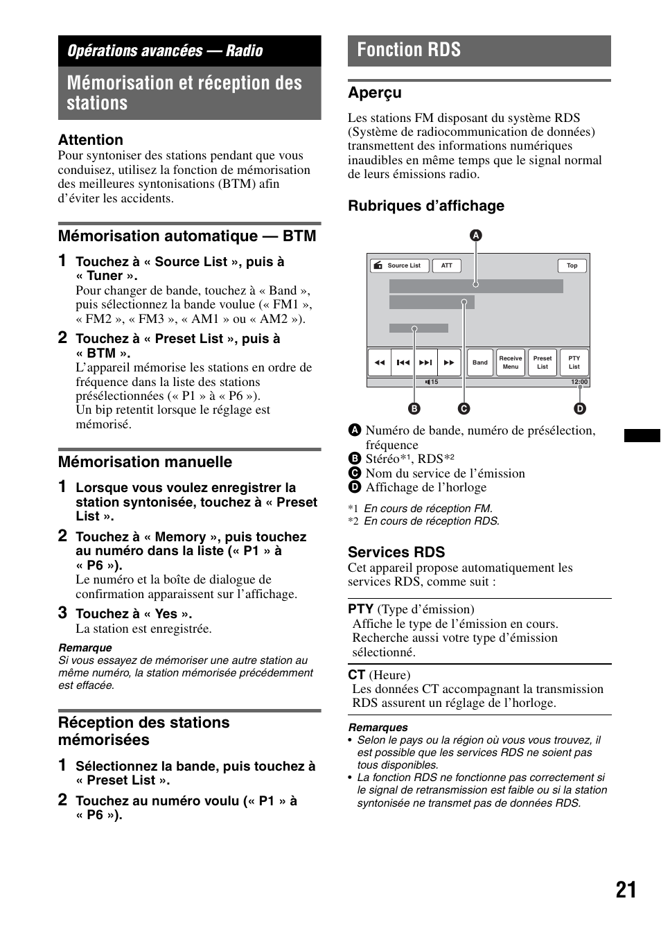 Opérations avancées - radio, Mémorisation et réception des stations, Mémorisation automatique - btm | Mémorisation manuelle, Réception des stations mémorisées, Fonction rds, Aperçu, Opérations avancées — radio, Mémorisation automatique — btm | Sony XAV-60 User Manual | Page 79 / 180