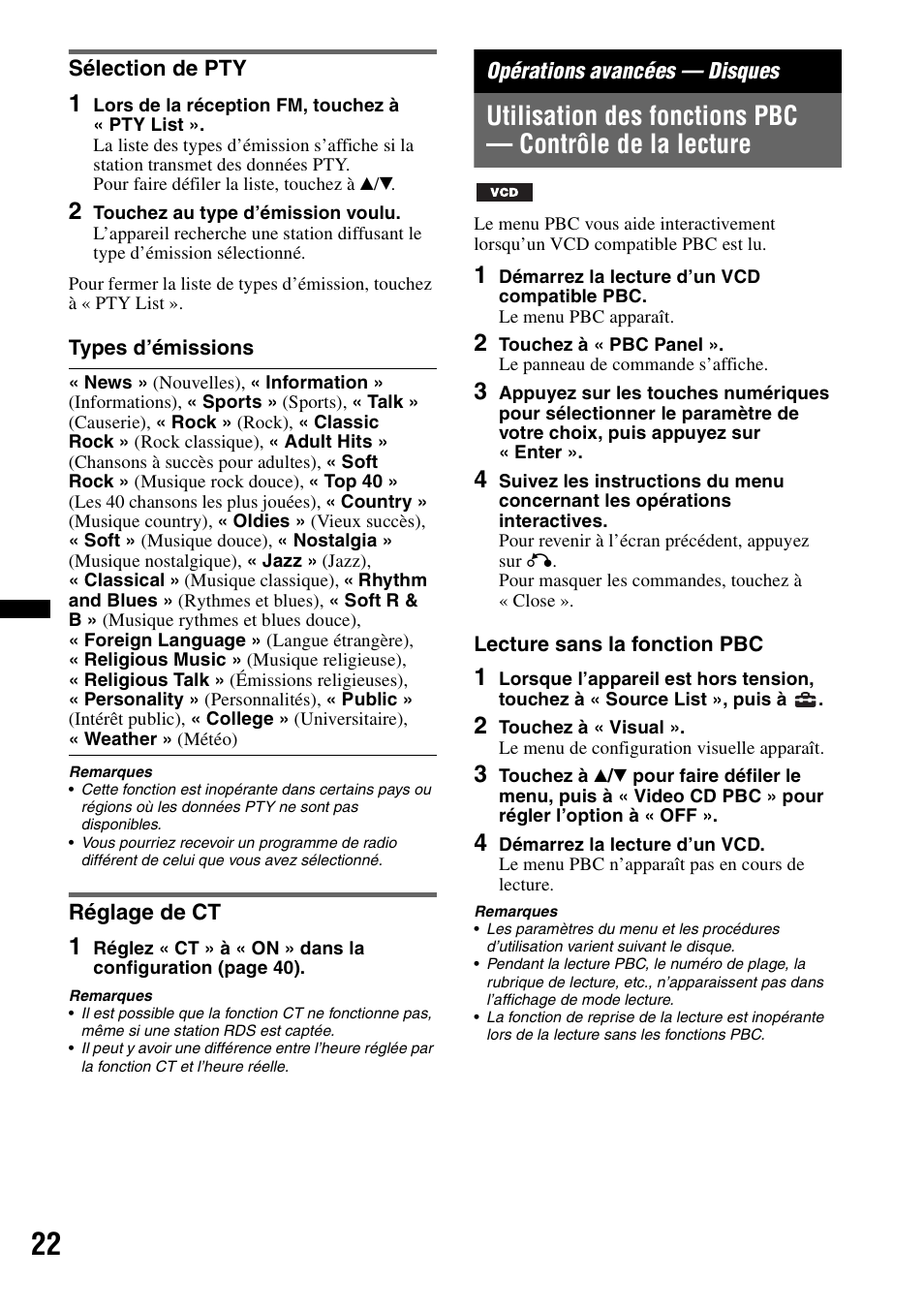 Sélection de pty, Réglage de ct, Opérations avancées - disques | Sélection de pty réglage de ct, Opérations avancées — disques | Sony XAV-60 User Manual | Page 80 / 180