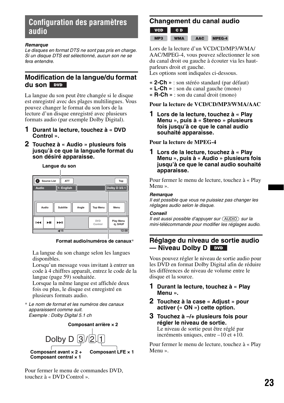 Configuration des paramètres audio, Modification de la langue/du format du son, Changement du canal audio | Réglage du niveau de sortie audio - niveau dolby d, Dolby d 3 / 2, Réglage du niveau de sortie audio — niveau dolby d | Sony XAV-60 User Manual | Page 81 / 180