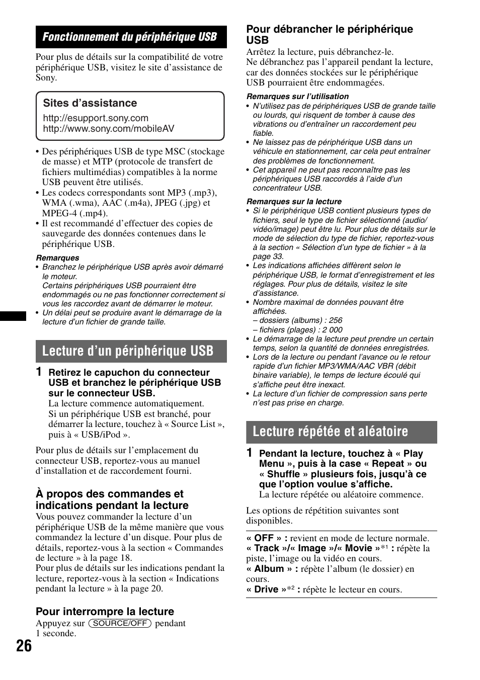 Fonctionnement du périphérique usb, Lecture d’un périphérique usb, Lecture répétée et aléatoire | Sony XAV-60 User Manual | Page 84 / 180