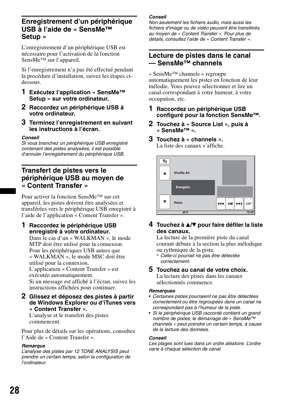 Lecture de pistes dans le canal - sensme™ channels, Lecture de pistes dans le canal — sensme™ channels | Sony XAV-60 User Manual | Page 86 / 180