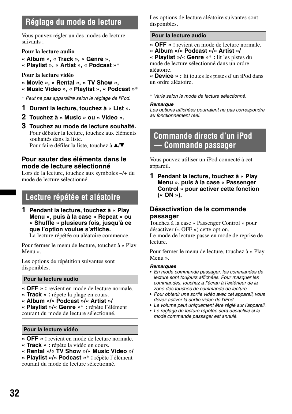 Réglage du mode de lecture, Lecture répétée et aléatoire, Commande directe d’un ipod - commande passager | Commande directe d’un ipod — commande passager | Sony XAV-60 User Manual | Page 90 / 180