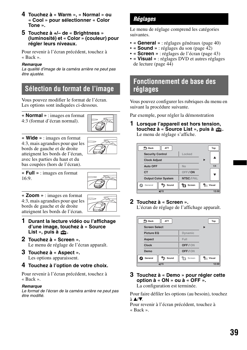 Sélection du format de l’image, Réglages, Fonctionnement de base des réglages | Touchez à « aspect ». les options apparaissent | Sony XAV-60 User Manual | Page 97 / 180