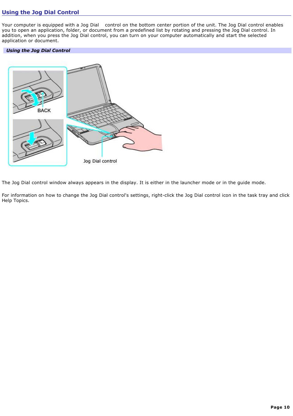 Using the jog dial control | Sony PCG-SRX87 User Manual | Page 10 / 177