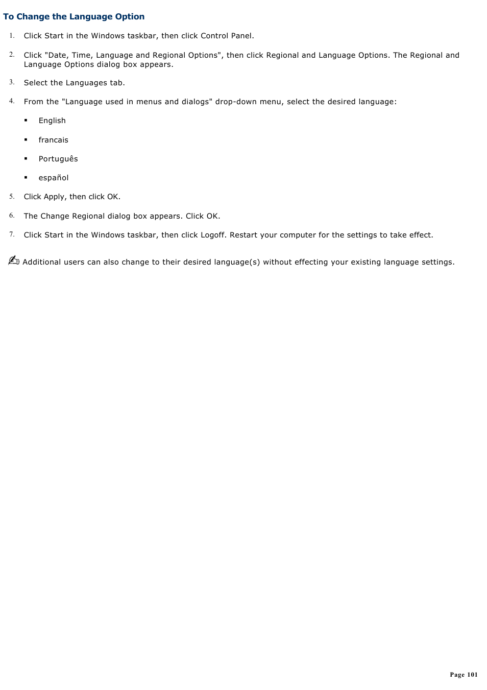 To change the language option | Sony PCG-SRX87 User Manual | Page 101 / 177