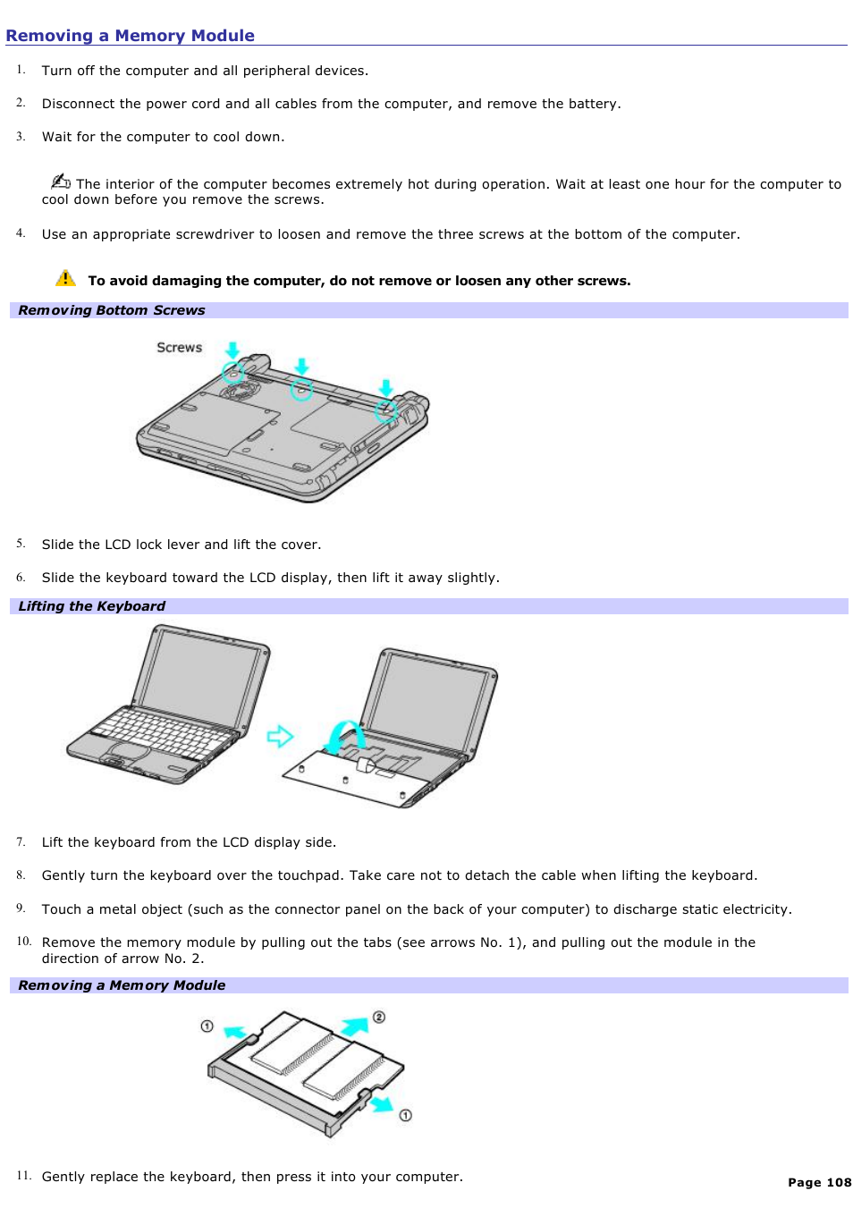 Removing a memory module | Sony PCG-SRX87 User Manual | Page 108 / 177