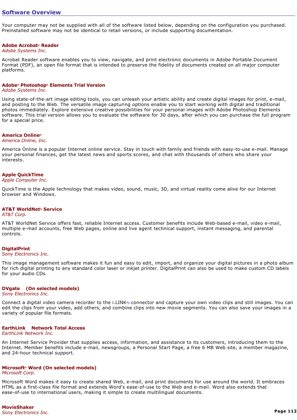 Software overview | Sony PCG-SRX87 User Manual | Page 112 / 177