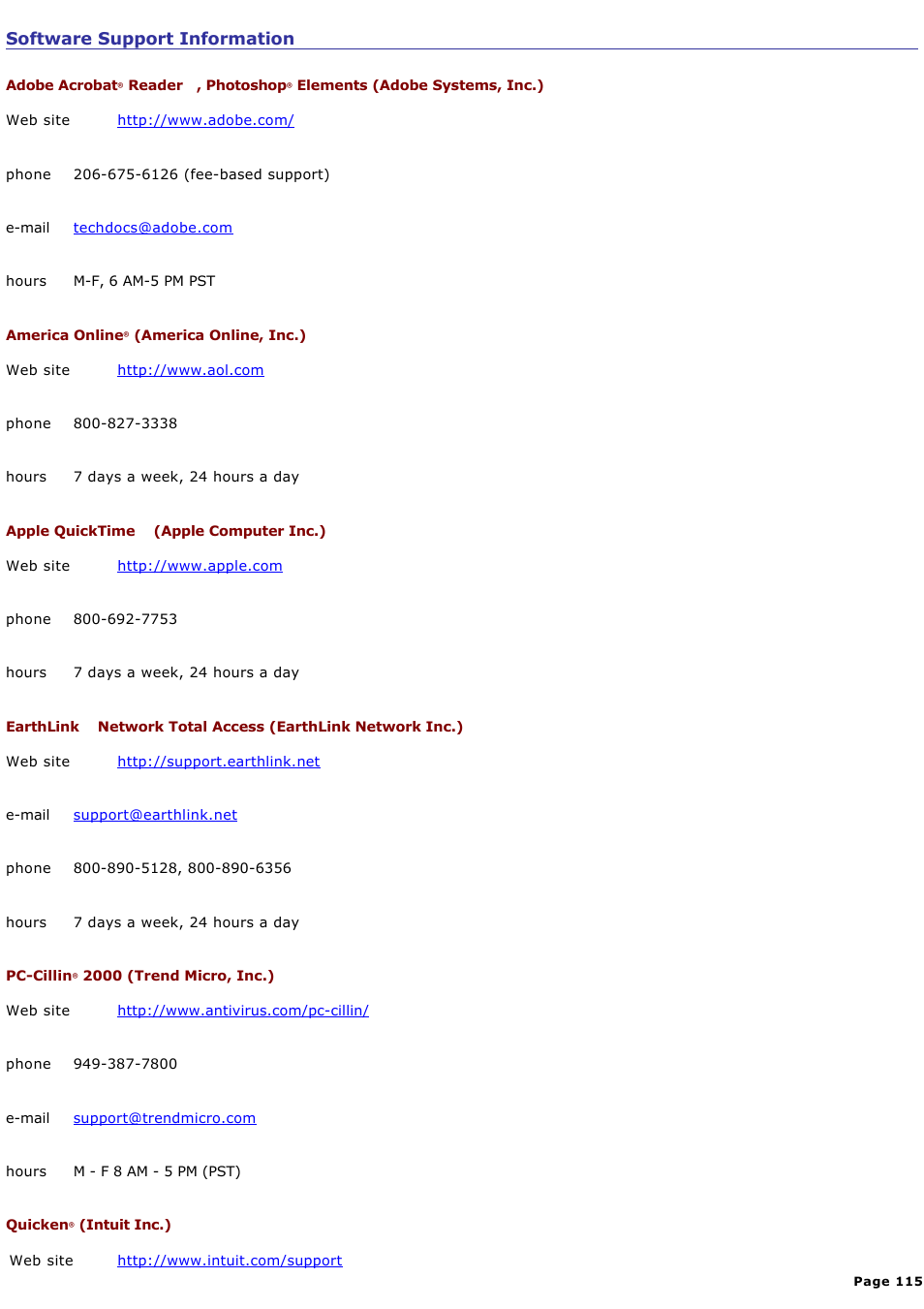 Software support information | Sony PCG-SRX87 User Manual | Page 115 / 177