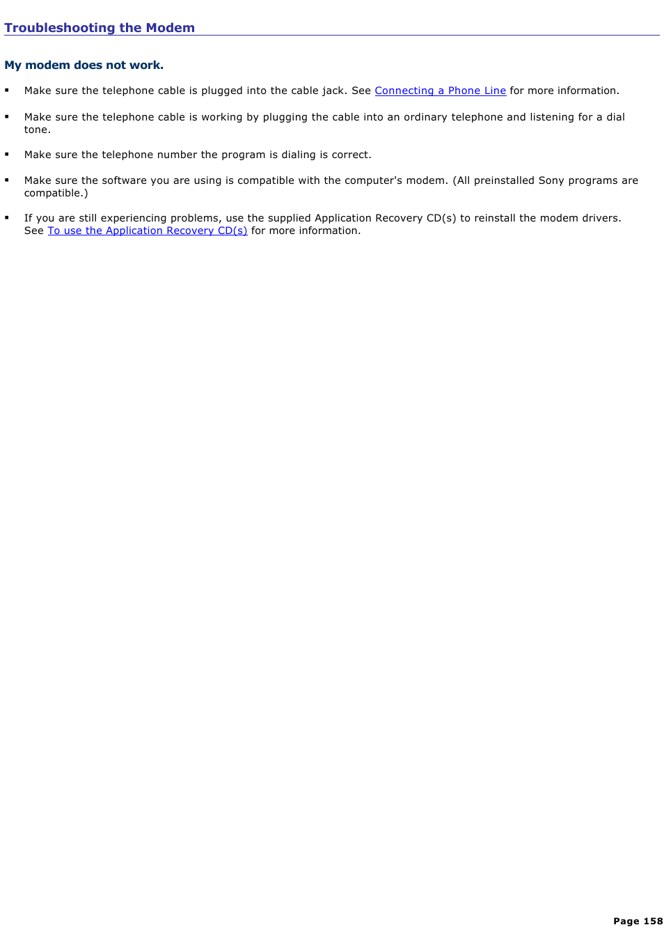 Troubleshooting the modem | Sony PCG-SRX87 User Manual | Page 158 / 177