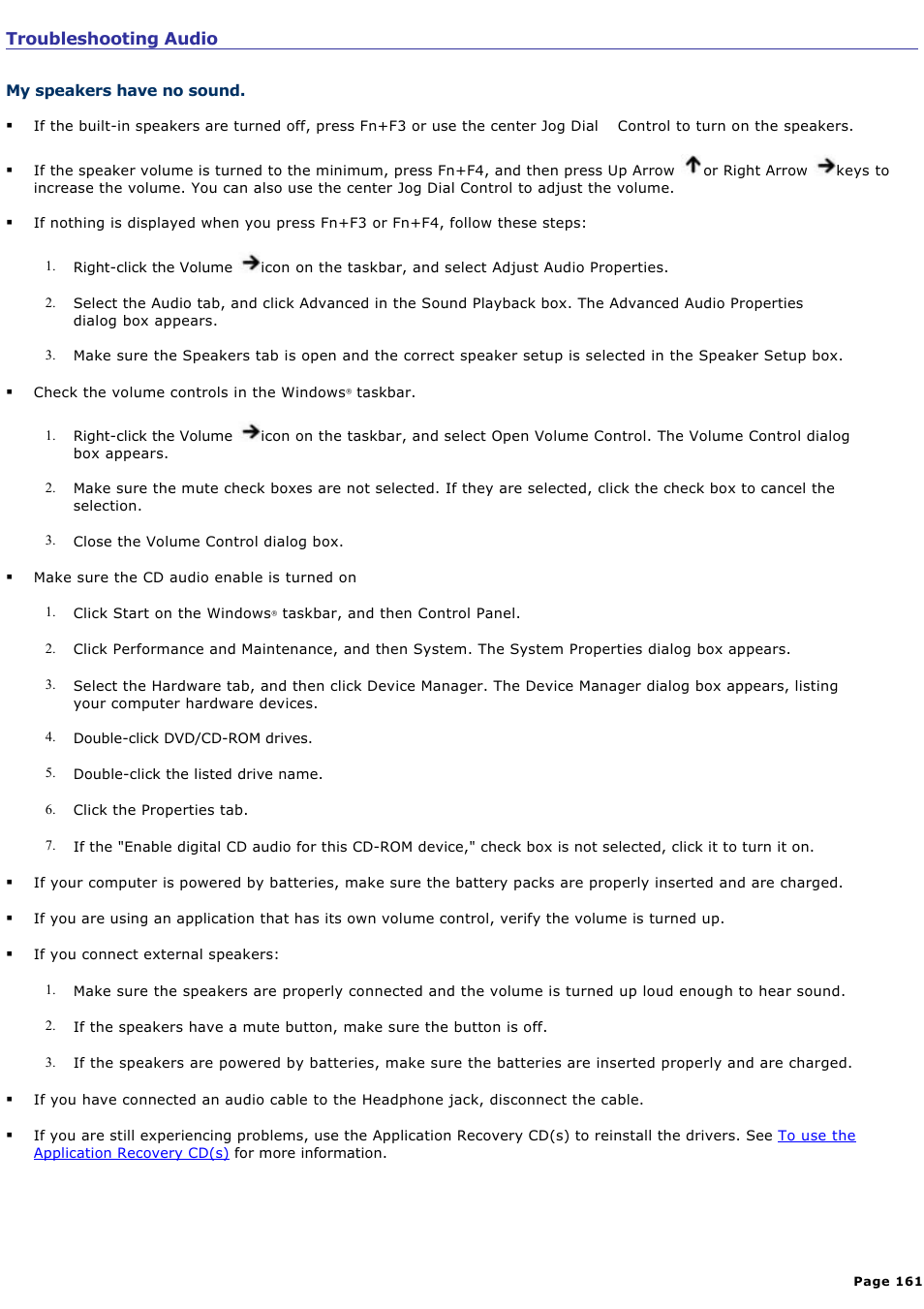 Troubleshooting audio | Sony PCG-SRX87 User Manual | Page 161 / 177