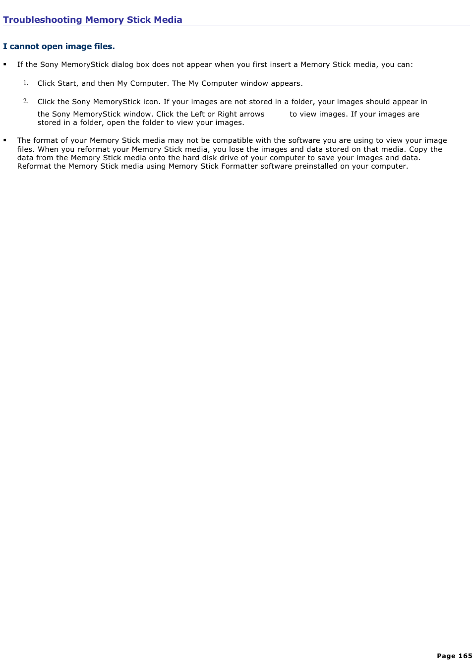 Troubleshooting memory stick media | Sony PCG-SRX87 User Manual | Page 165 / 177