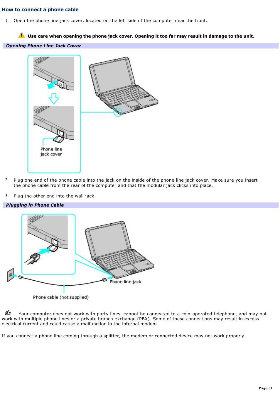 How to connect a phone cable | Sony PCG-SRX87 User Manual | Page 31 / 177