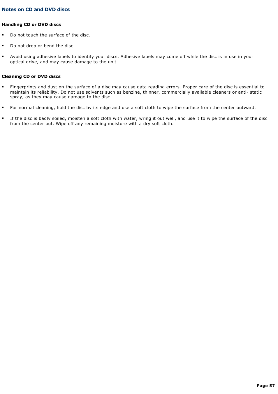 Notes on cd and dvd discs | Sony PCG-SRX87 User Manual | Page 57 / 177