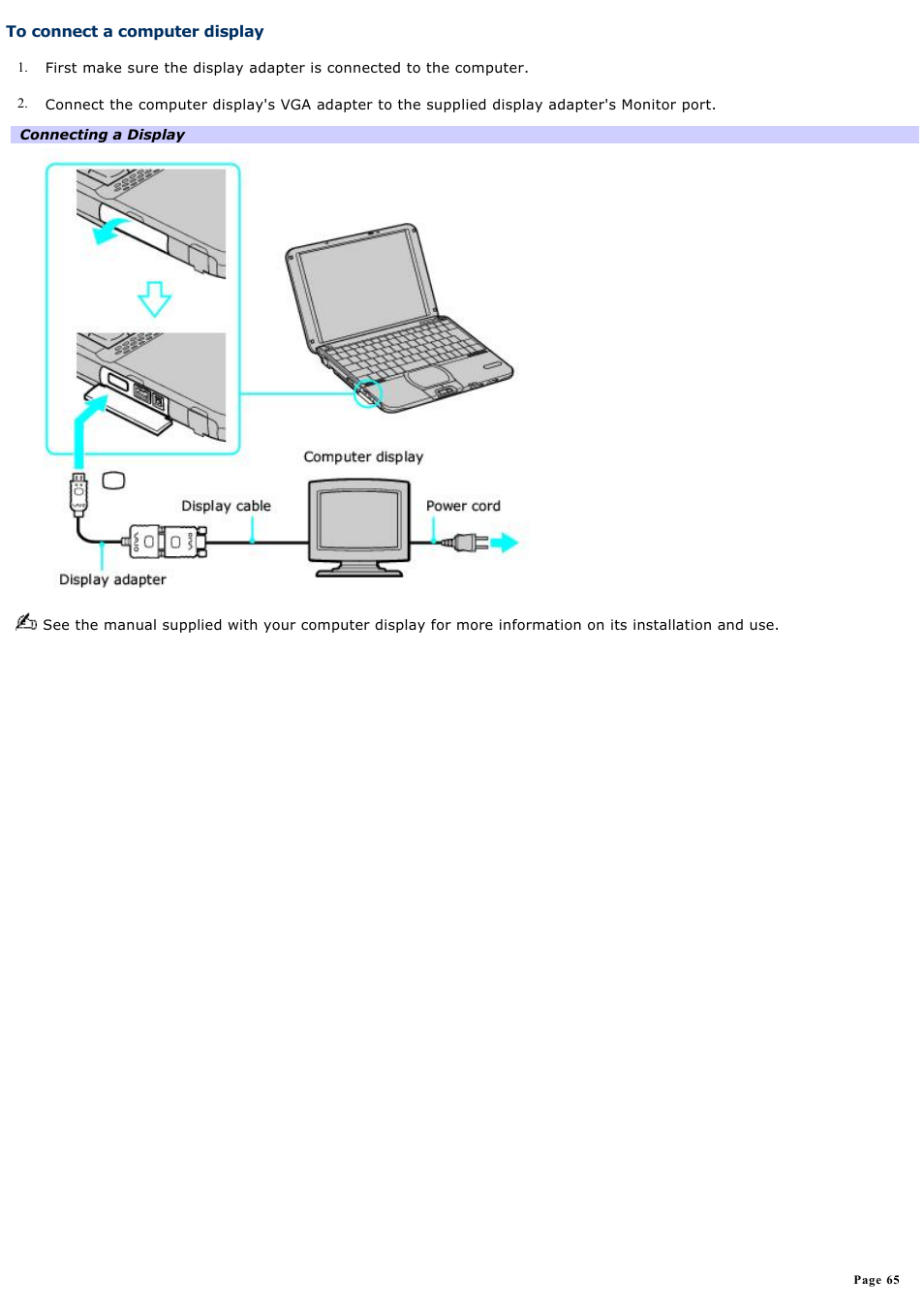 To connect a computer display | Sony PCG-SRX87 User Manual | Page 65 / 177